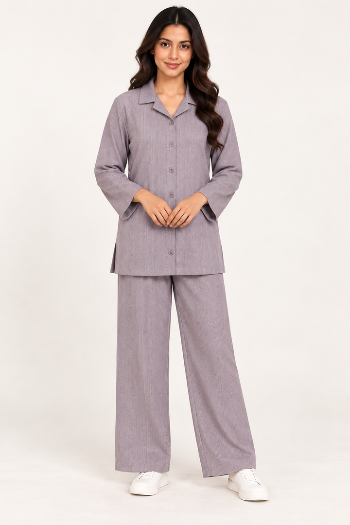 WOMEN’S LUXE WAFFLE TEXTURED COTTON CO-ORD SET-DUSTY LAVENDER