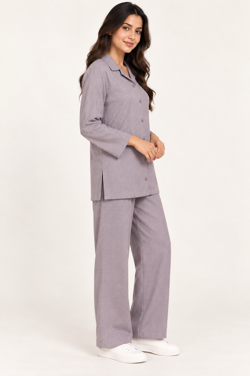 WOMEN’S LUXE WAFFLE TEXTURED COTTON CO-ORD SET-DUSTY LAVENDER