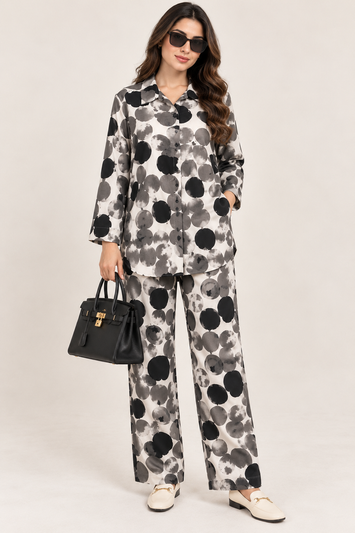 WOMEN’S PREMIUM TEXTURED COTTON CO-ORD SET-MONOCHROME ABSTRACT 🖤🤍