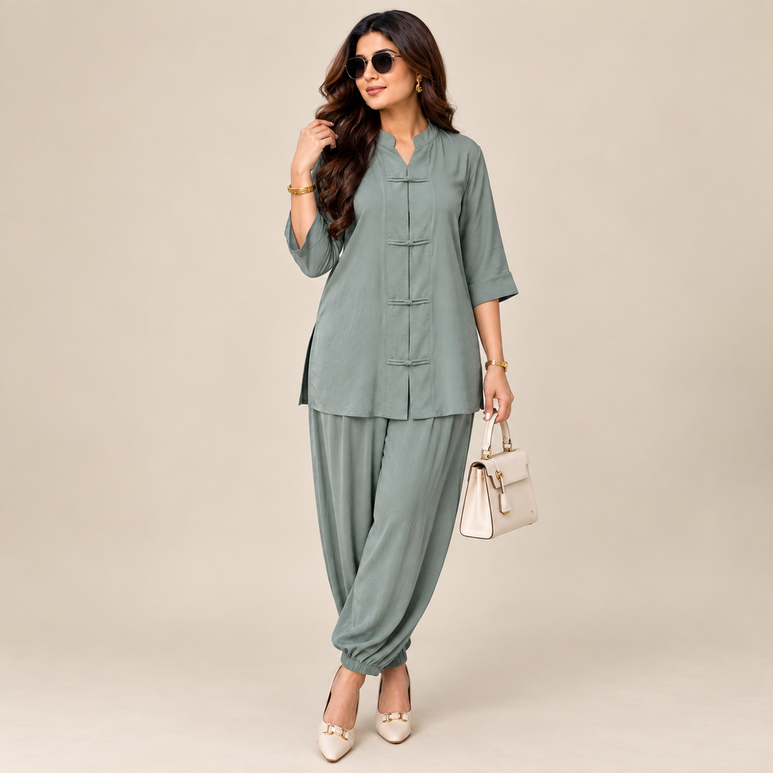 WOMEN'S LUXE SOFT FABRIC CO-ORD SET - UNIQUE SAGE MIST/GREEN COLOR