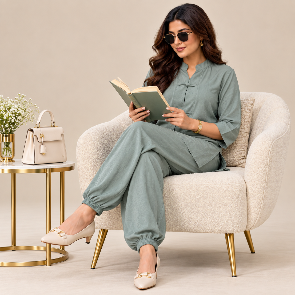 WOMEN'S LUXE SOFT FABRIC CO-ORD SET - UNIQUE SAGE MIST/GREEN COLOR