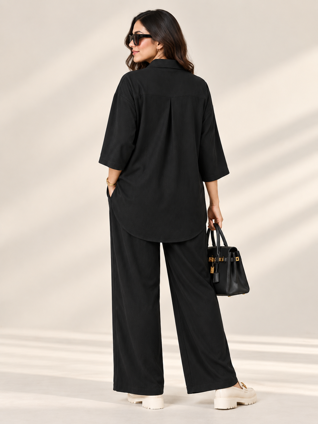 WOMEN'S PREMIUM WAFFLE TEXTURED CO-ORD SET -  JET BLACK