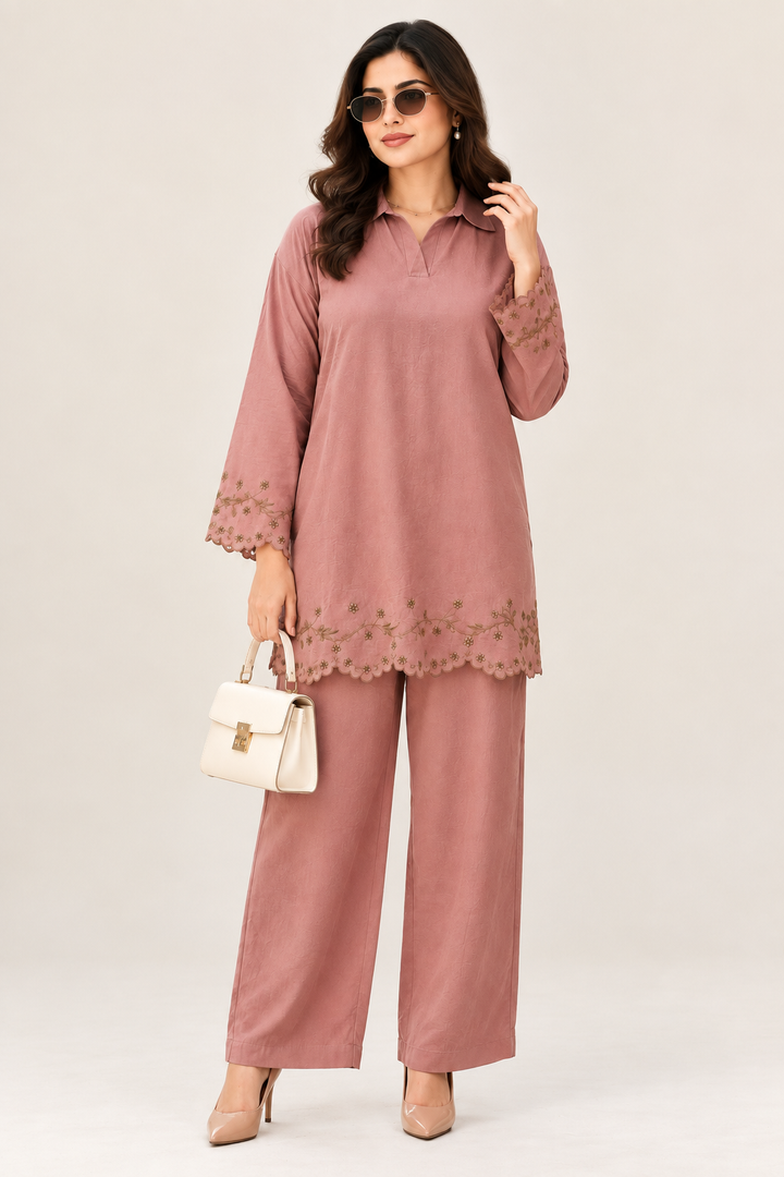 WOMEN'S EMBROIDERED 2-PIECE CO-ORD SET - DUSTY ROSE