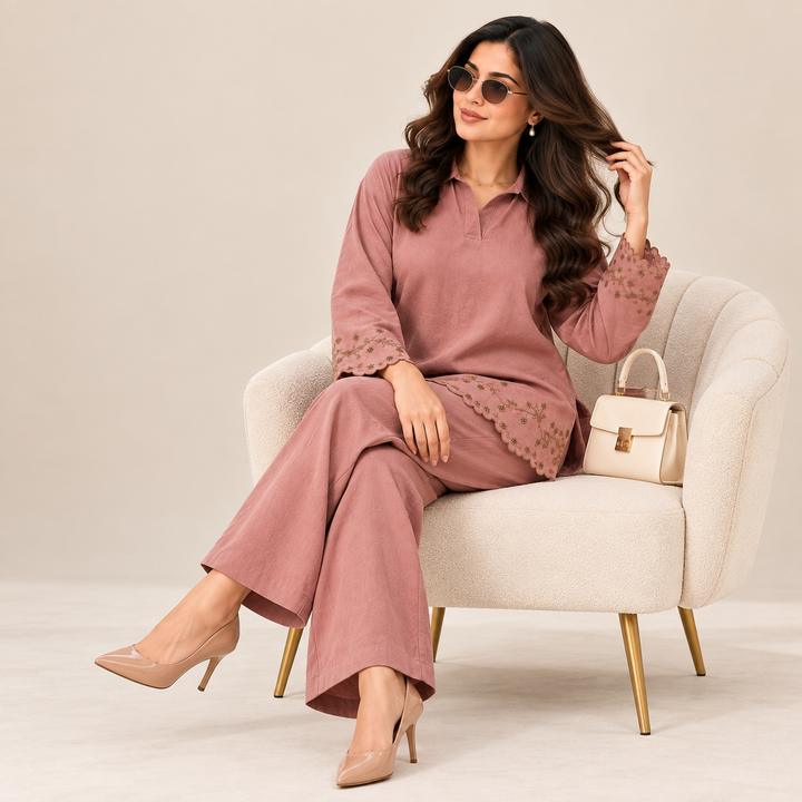 WOMEN'S EMBROIDERED 2-PIECE CO-ORD SET - DUSTY ROSE
