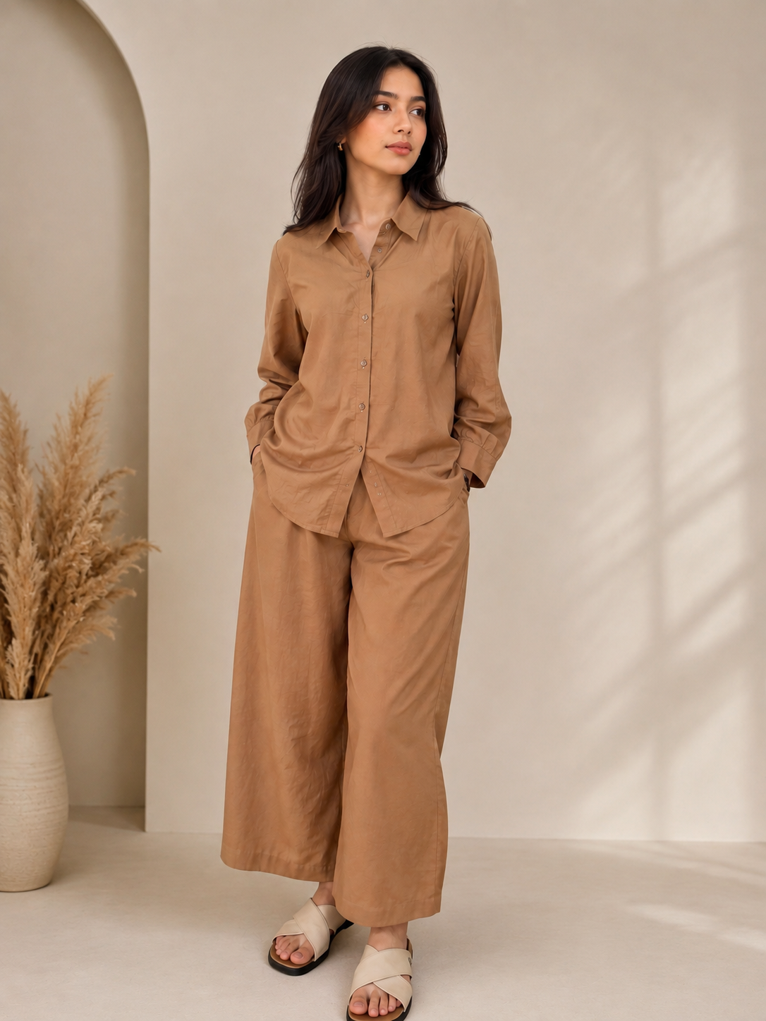 PURE COTTON RELAXED CO-ORD SET - BROWN/CAMEL/TAN COLOR
