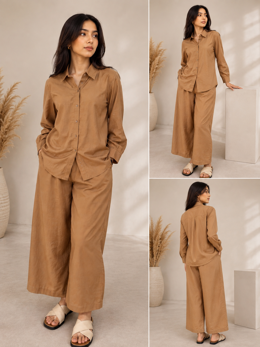 PURE COTTON RELAXED CO-ORD SET - BROWN/CAMEL/TAN COLOR