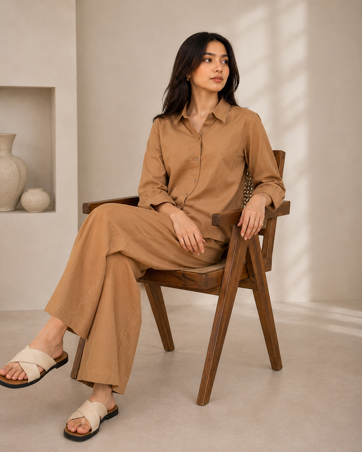 PURE COTTON RELAXED CO-ORD SET - BROWN/CAMEL/TAN COLOR