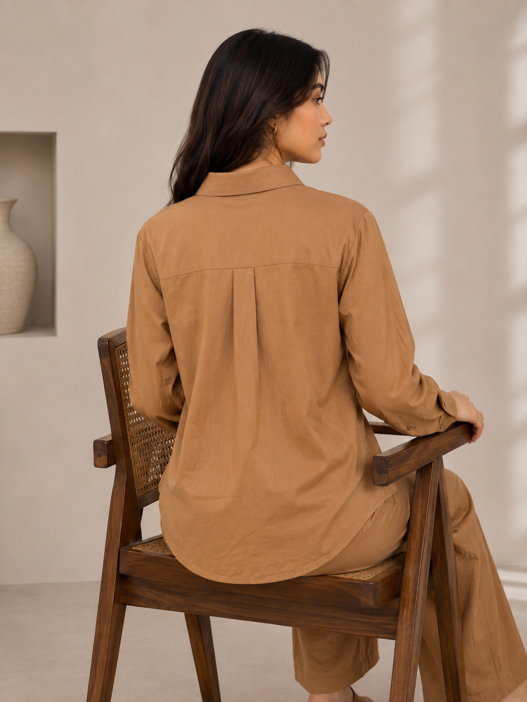 PURE COTTON RELAXED CO-ORD SET - BROWN/CAMEL/TAN COLOR